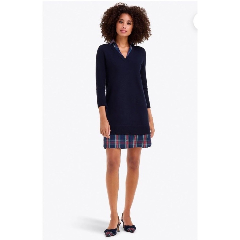 Draper James Navy Sweater Dress Gingham Hem Size‎ S Wool Cotton Blend Collar